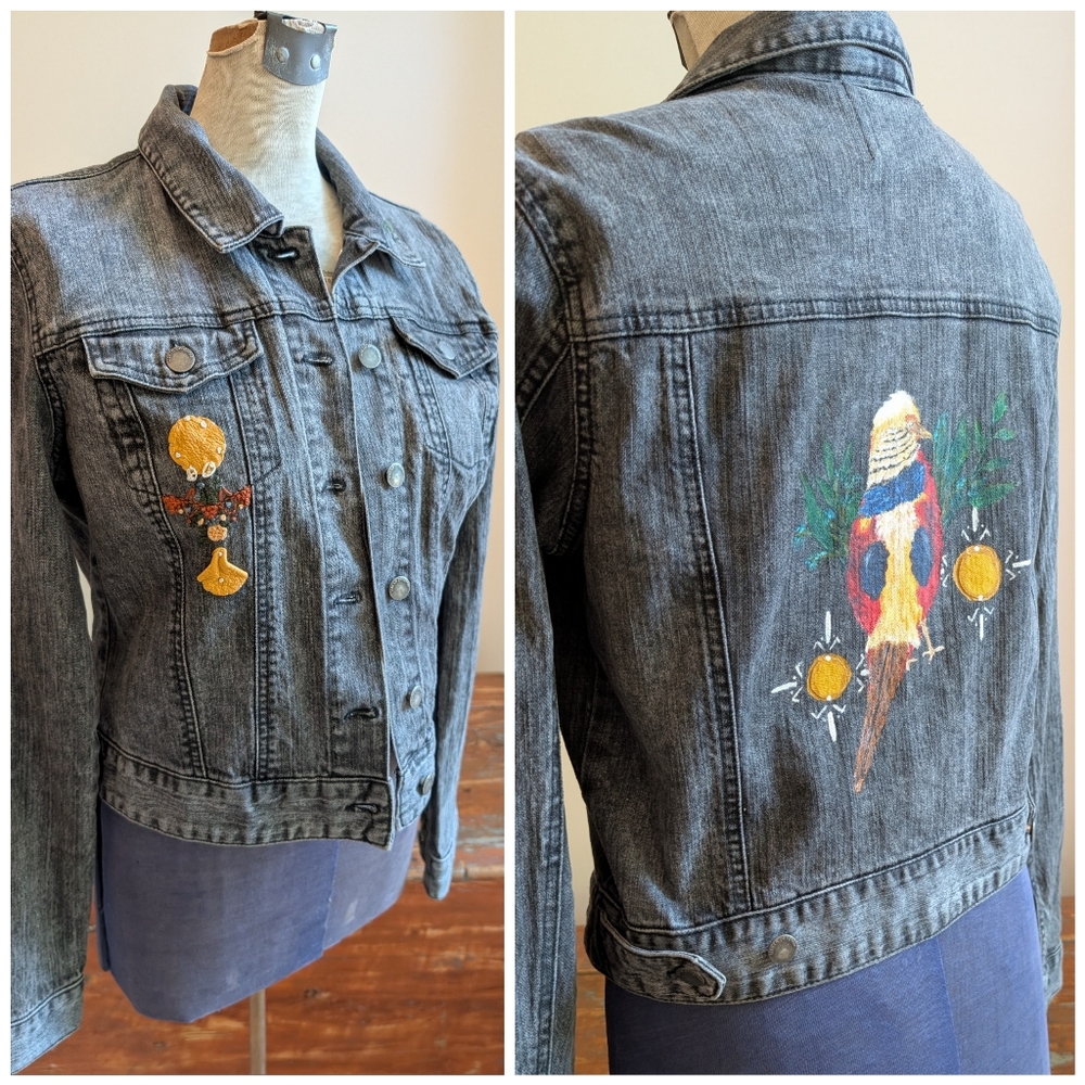 OOAK Hand-painted & Embroidered Grey Denim Jacket, Custom Bird, Leather Detail